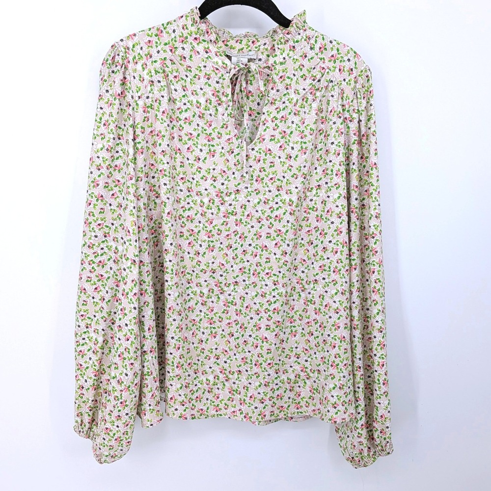 Cupcakes and Cashmere Blouse Women Large Pink Floral Ruffle Neck Tie Cottagecore